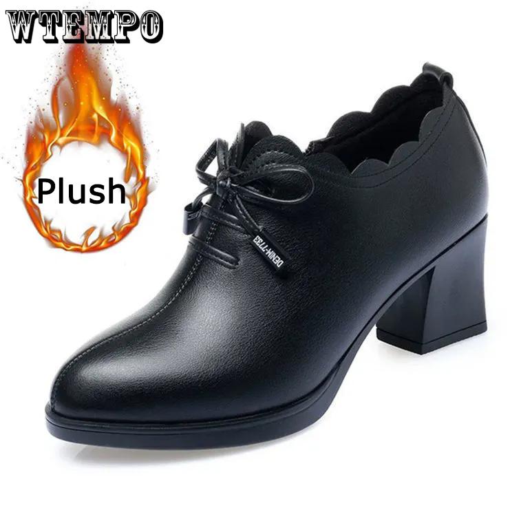 WTEMPO Женские мягкие подошвы на толстом среднем каблуке, нескользящие, черные, повседневные, из ПУ, теплые, плюшевые туфли, осень-зима, мягкие, из искусственной кожи