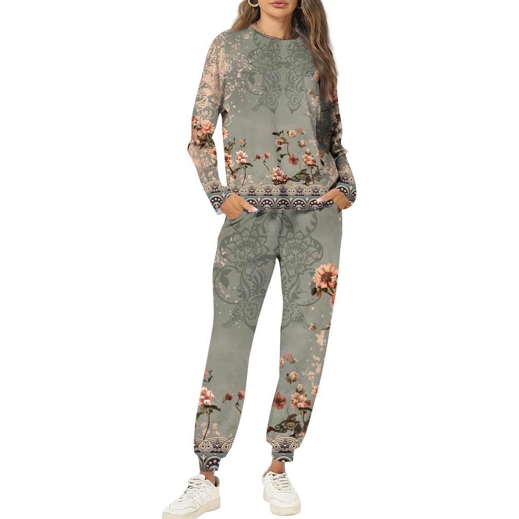 Комплекты для женщин из 2 предметов: футболки с круглым вырезом и длинным рукавом, принтованные спортивные брюки с карманами