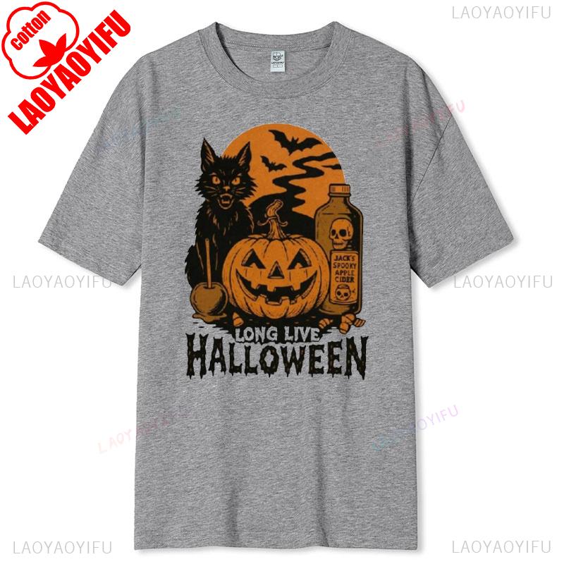 Halloween Tshirt Vintage Black Cat Pumpkin Cider Graphic Spooky Season Casual Keep Warm Fall Apparel Tops Cartoonstyle Tshirt