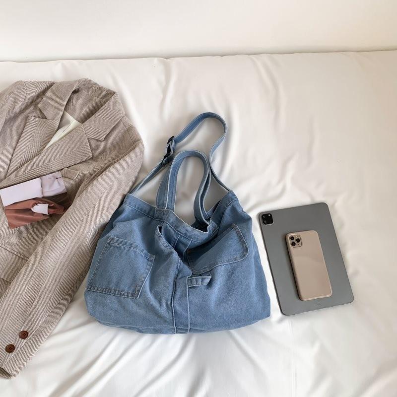 Large Capacity Soft Blue Denim Shoulder Bag Trendy Casual Design For Everyday
