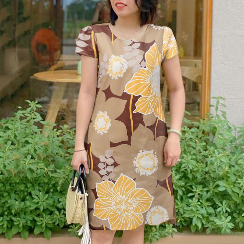 ZANZEA Women Casual Round Neck Short Sleeve Summer Print Dress