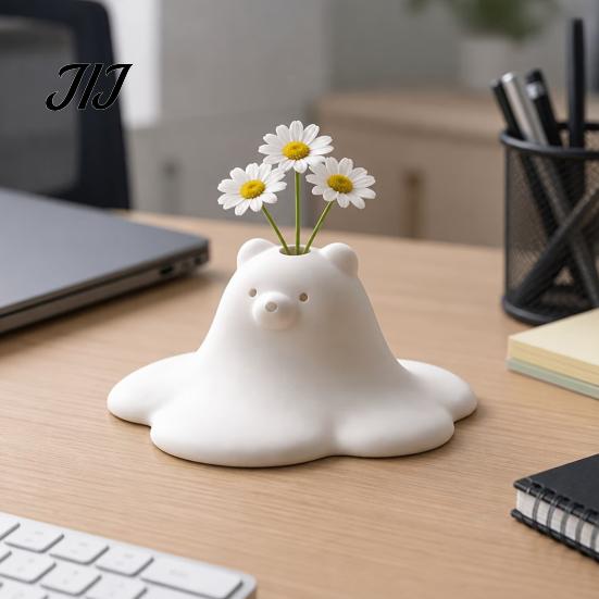 Small Flower Vase for Table 3D Printed Cute Polar Bear Figurine, Adorable White Desk Unique Gift Her Ornament Living Room Bedroom, Mini Arrangement