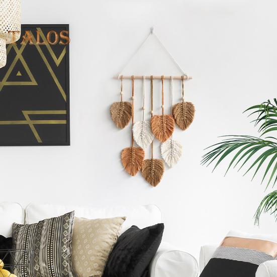 Boho Wall Decor Large Macrame Handmade Yarn Woven Wall Art Leaf Tapestry Wall Hanging With Faux Feathers For Home Decor