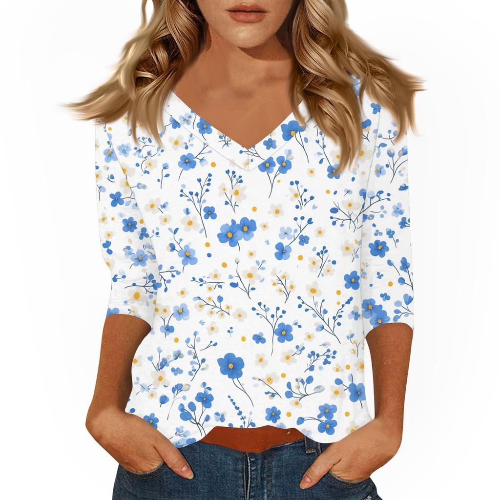 Women's Tops Three-quarter Sleeve Shirt V-neck Loose Casual Shirt Print T-shirt