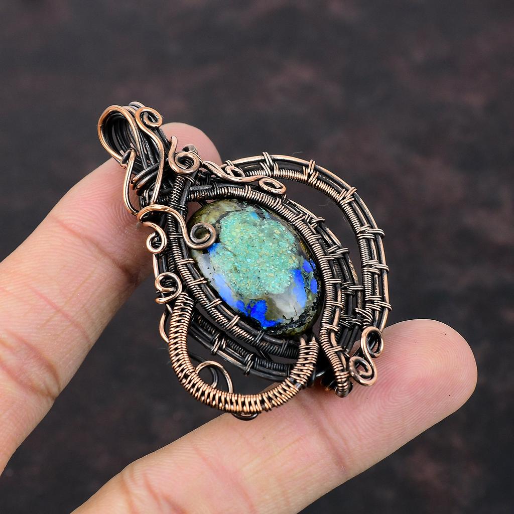 Подвеска из азурита и малахита, медная проволочная обертка, ювелирные изделия, красивая подвеска из драгоценных камней, медная подвеска, ювелирные изделия ручной работы, проволочная обертка, кулон для подарка