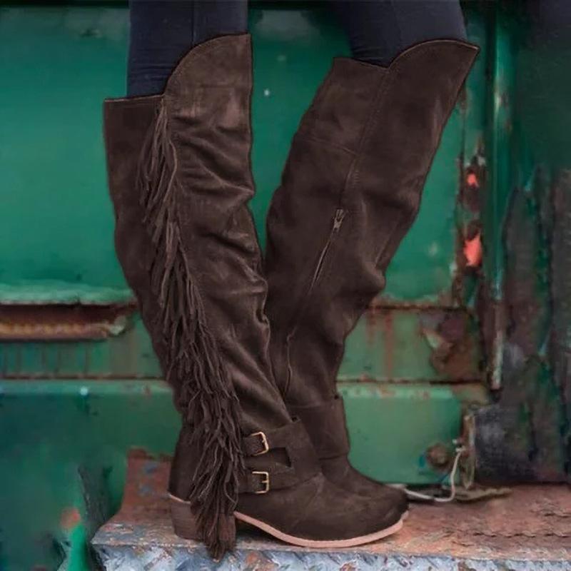 Women's Winter Retro Round Toe Zipper Boots Thick Heel Brown Long Tassel Boots Halloween Costume Party Cosplay Shoes 2025