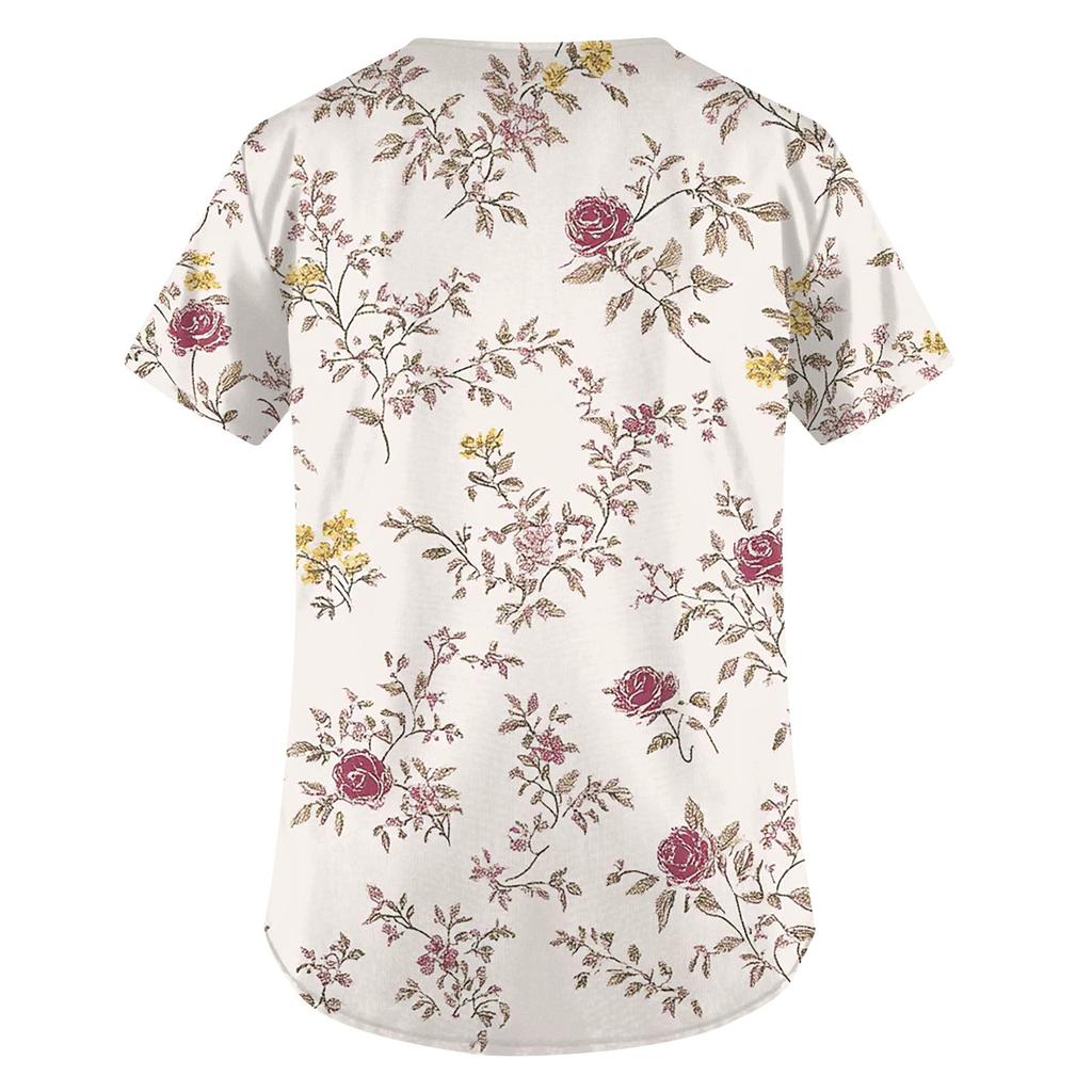Женская мода с коротким рукавом и V-образным вырезом с карманами и цветочным принтом Топы Одежда