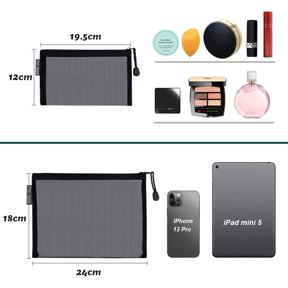 Besharppin Mesh Cosmetic Pack of 6 Makeup Pouch for Cosmetics Storage and Small Items for Business Trips and Travel Pouch, (Black)