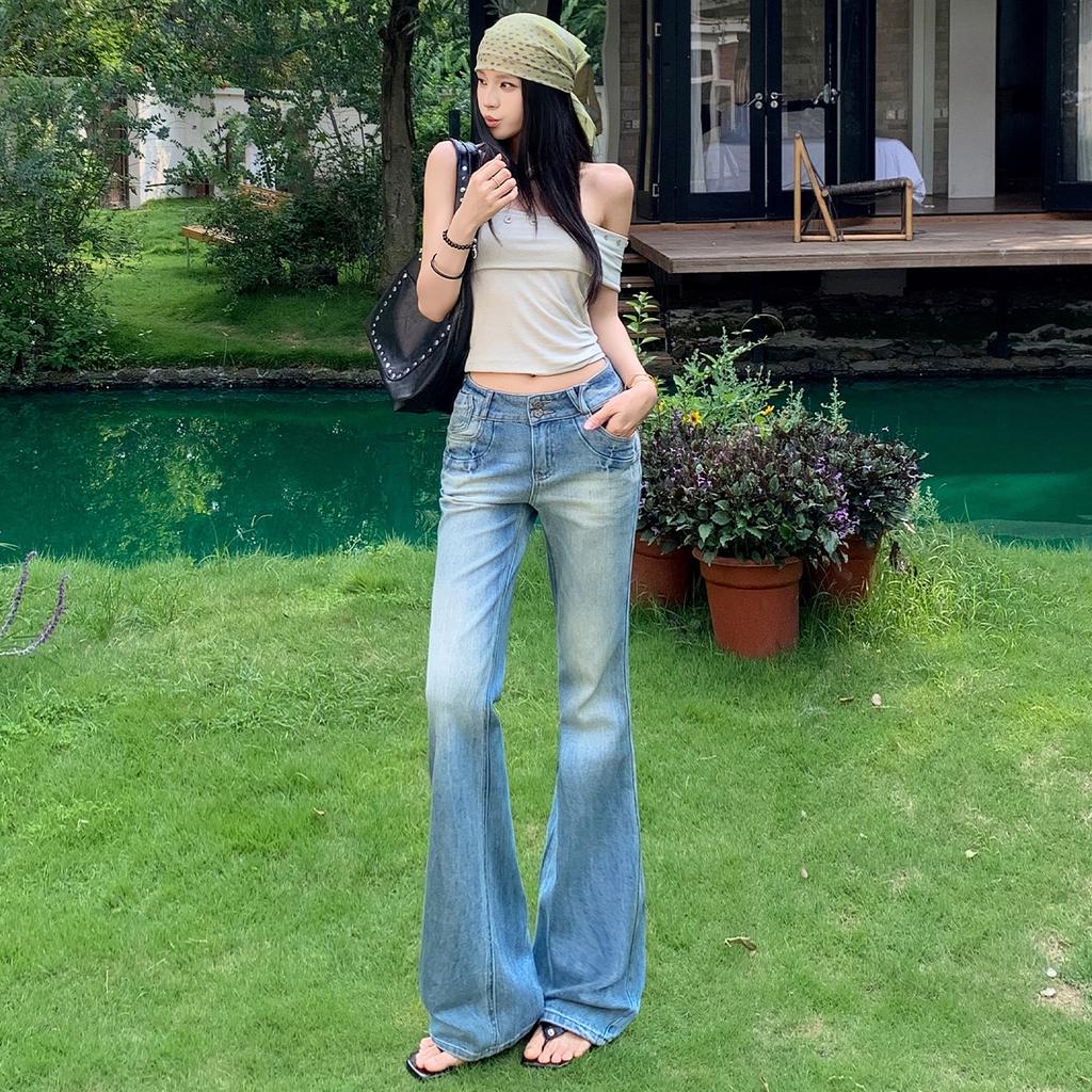 Light blue slightly pulled jeans women's summer new American Spice Girl low-rise elastic and thin versatile bell pants