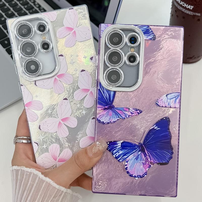 Fashion Butterfly Pattern IMD Clear Case For Samsung S25 S24 FE S23 Ultra A55 A15 A54 A35 Glitter Shockproof Lens Protection Slim Phone Cover