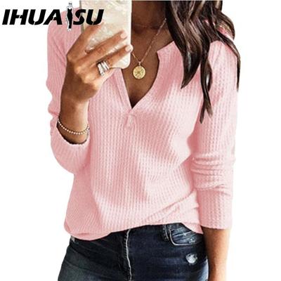 Женский осенне-зимний вафельный топ с V-образным вырезом и длинным рукавом T Marlet