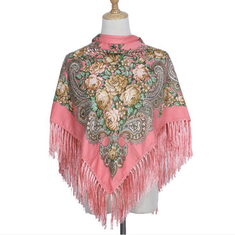 Retro Women's Tassel Shawl Floral Printed Cotton Vintage Lady Fringed Long Tassel