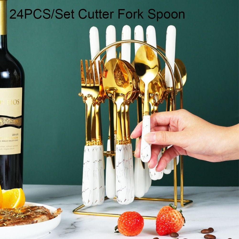 24pcs Stainless Steel Famliy Cutlery Set Mirror Polished Dessert Dinnerware Suit Dining Table