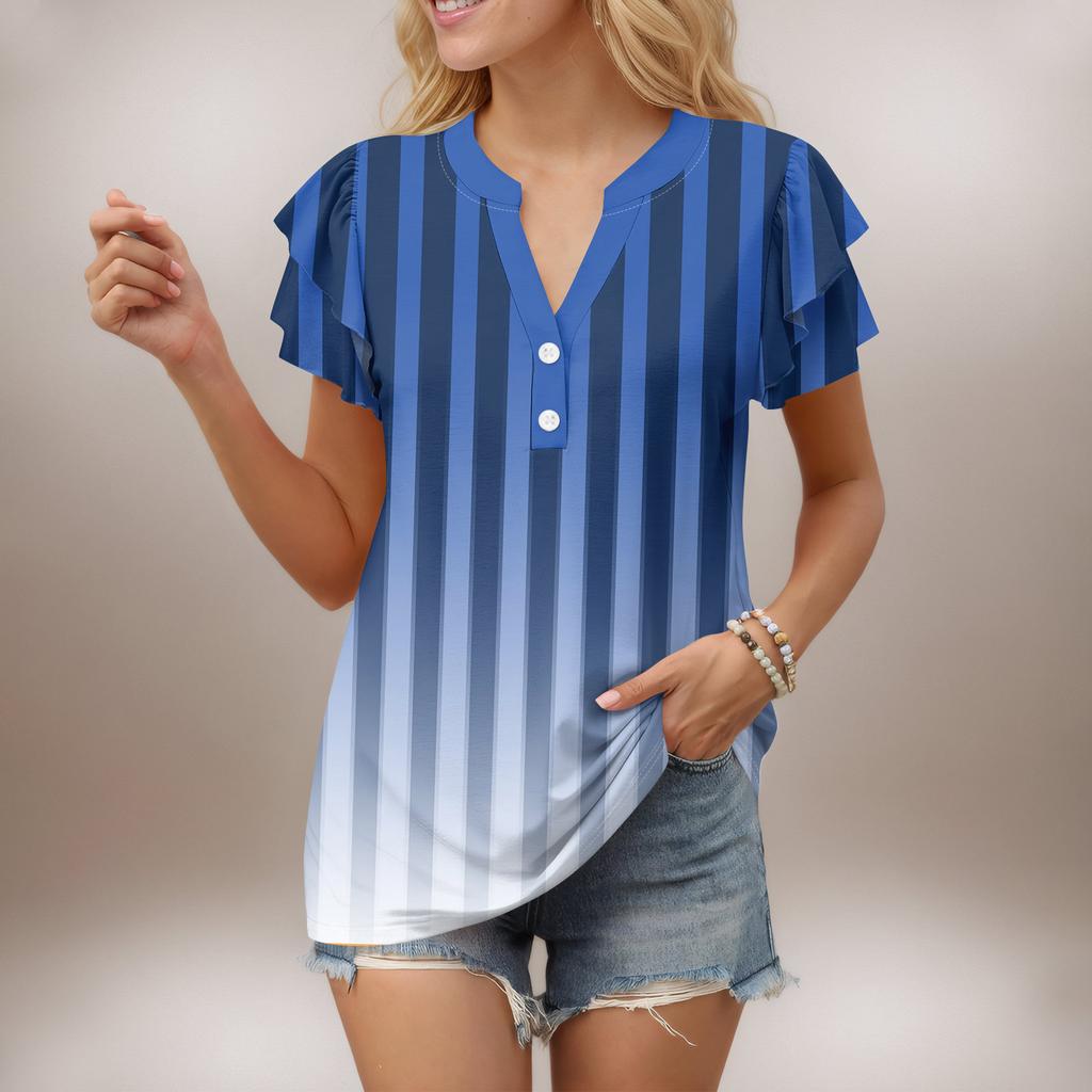 Женский повседневный топ с короткими рукавами, застегивающийся на пуговицы и V-образным вырезом, с градиентными оборками и принтами