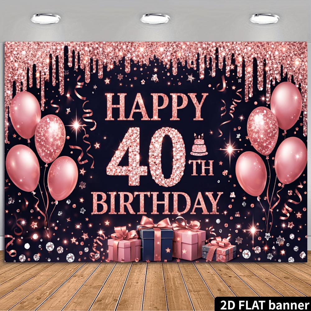 2D Flat Banner - 40th Birthday Party Background Fabric - Black background with pink gold glitter and golden luster theme