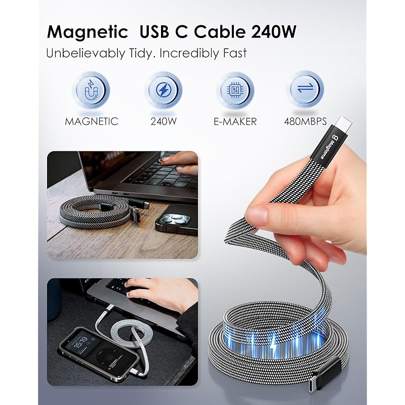 Magtame Type C Cable Flat Flat Magnet Automatic Storage 240W/5A Fast Charging Type-c Cable QC4.0/PD3.1 Compatible Usbc-usbc Cable Metal Connector