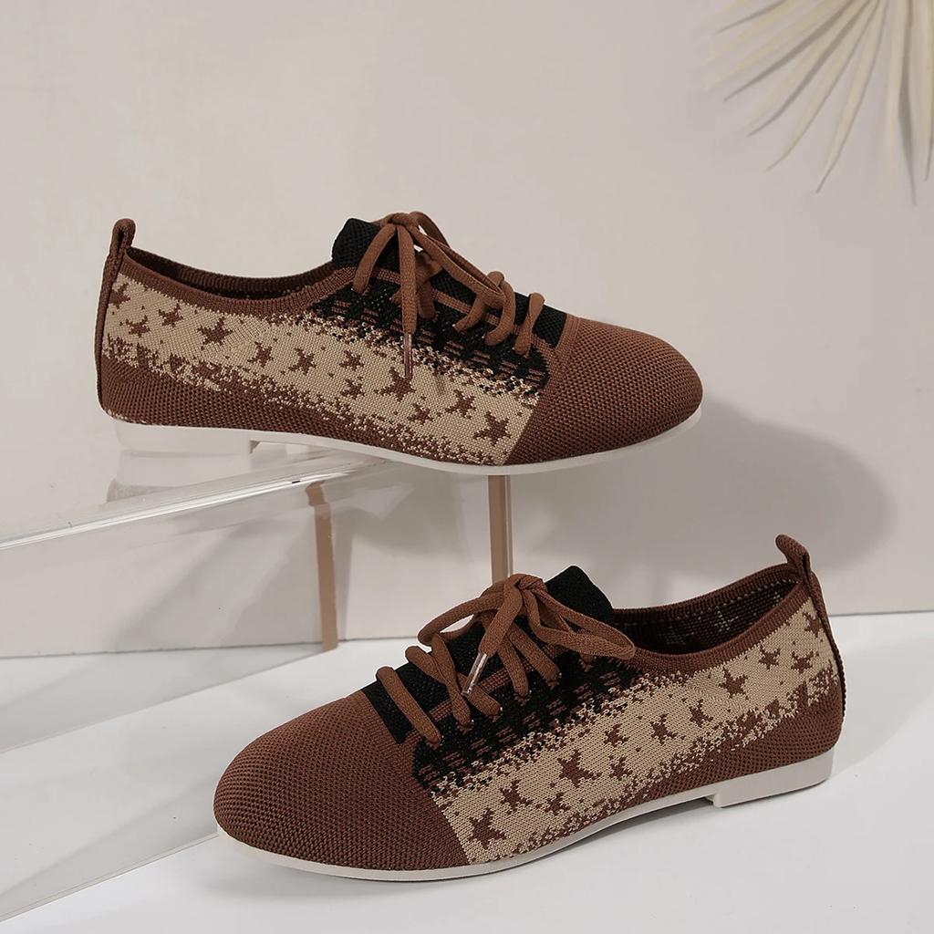 Women's Round Toe Flats Shoes Women Fashion Autumn Casual Lace-up Shoes Knitted Mesh Breathable Flat Shoes Woman Sneakers