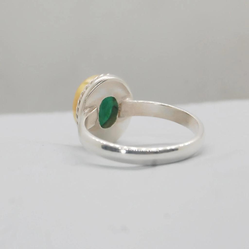 Genuine Rich Green Emerald Gems 925 Sterling Silver Yellow Gold Two Tone Ring Jewelry, Handmade Emerald Ring Jewelry