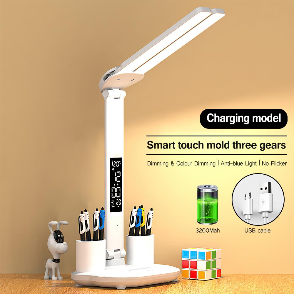 LED Clock Table Lamp USB Chargeable Dimmable Desk Lamp 2 Heads 180 Rotate Foldable Eye Protection Reading Night Light