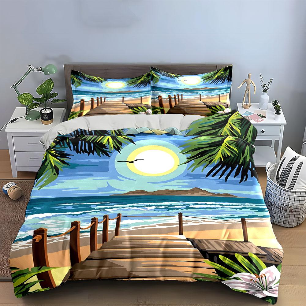 Wooden pier, beach, palm. Bedding sets Duvet cover sets Duvet covers Pillowcases(1 * Duvet Cover 2 * Pillowcases without duvet insert)