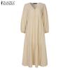 ZANZEA Autumn Spring Women Long Sleeve V Neck Loose Pleated Long Dress
