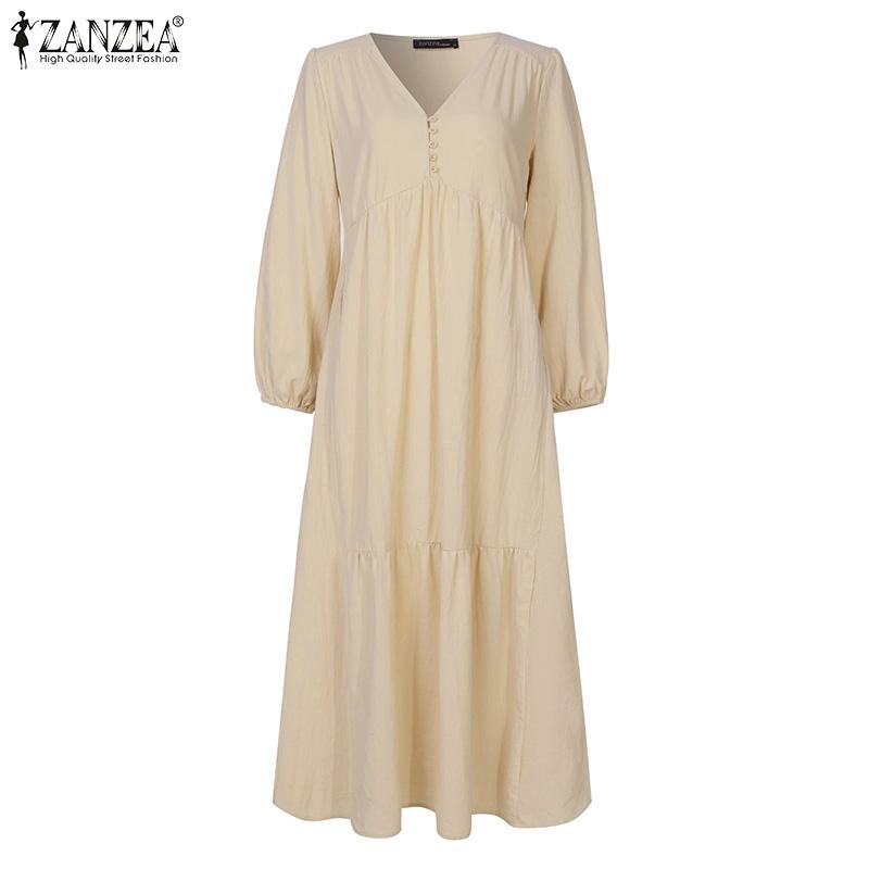 ZANZEA Autumn Spring Women Long Sleeve V Neck Loose Pleated Long Dress