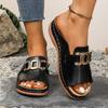 Foreign Trade Large Size New Slope Heel Thick-soled Slippers Women's Metal Decoration One-character Roman Style Fish Mouth Beach Cool Slippers
