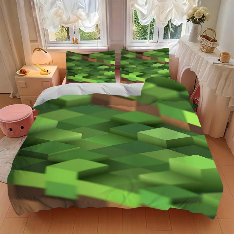 3 шт. Зеленые блоки Minecraft Домашний декор Постельное белье-Универсальный трехсекционный комплект для спальни, гостевой комнаты, гостиной, отеля-Идеальный подарок для F