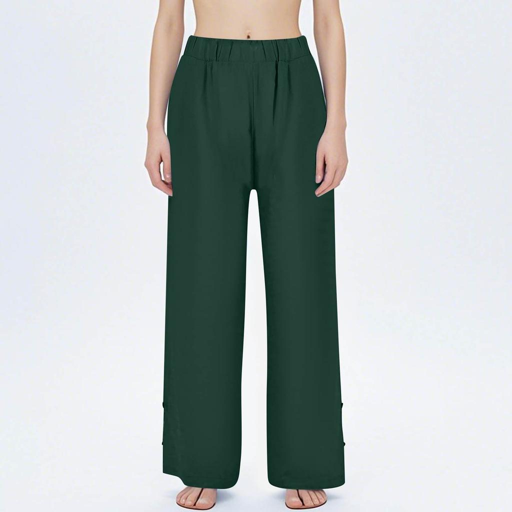 Women's Fashion Cotton Linen Solid Color Casual Daily Side Pockets Leg Hollow Button Trousers
