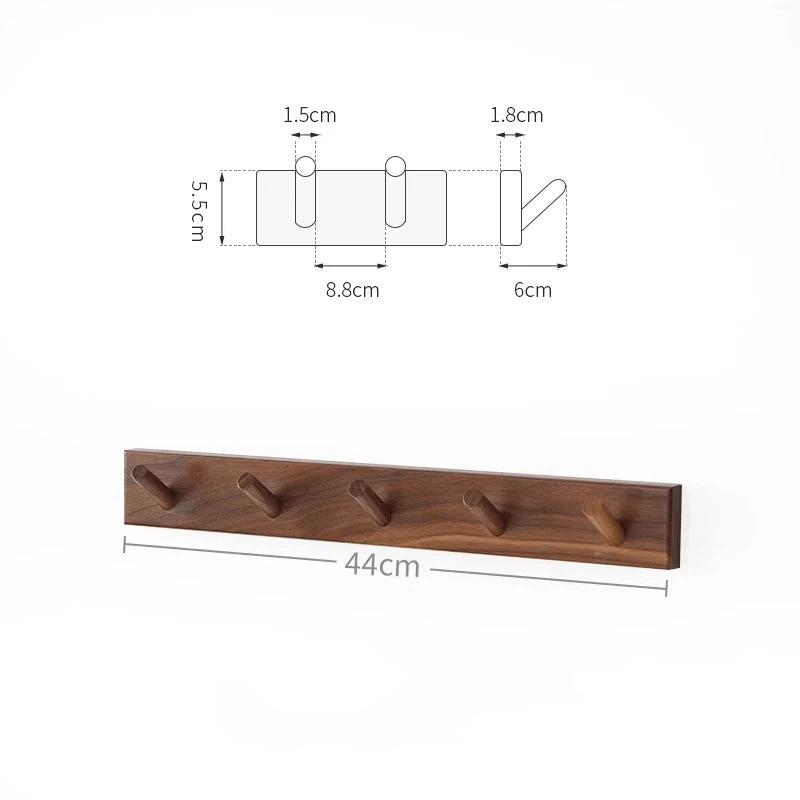 Solid Wood Wall Mounted Coat Hook Rack, Natural Beech Black Walnut Wooden Hook Rail, No-Drill Adhesive Hooks For Entryway Bedroom Bathroom