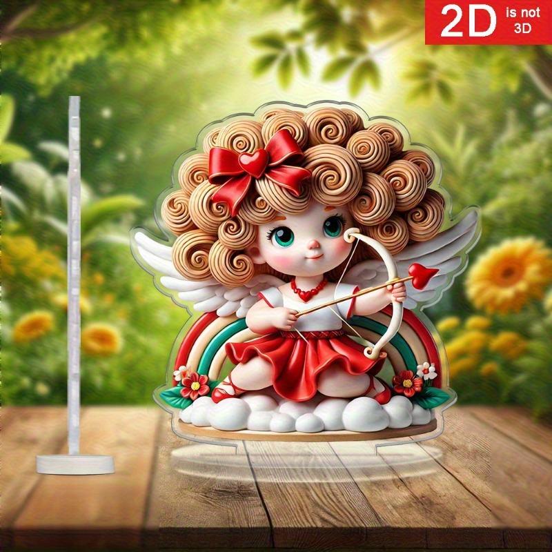 2D Flat Bohemian Grids Heart-Shaped Wings Angel Statue and Cupid's Arrow Acrylic Desk Decor Plaque, Suitable for wall decoration, porch, room, villa,