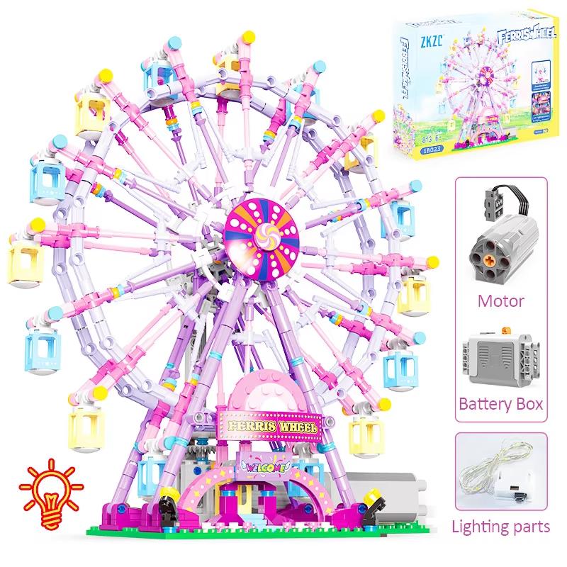 Non-Toxic Zkzc City Friends Moc Rotating Ferris Wheel Building Blocks Electric Bricks With Light Toys For Children Christmas Gifts