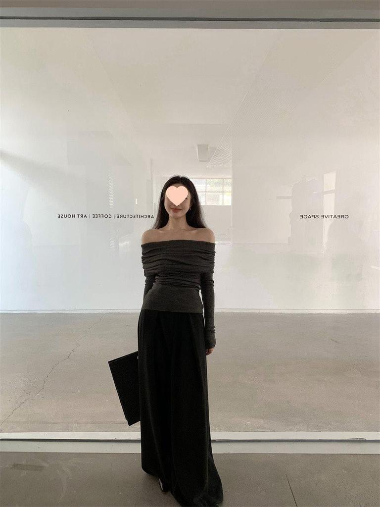 Женский облегающий трикотажный топ с открытыми плечами во французском стиле: Плиссированный дизайн Весна/Осень