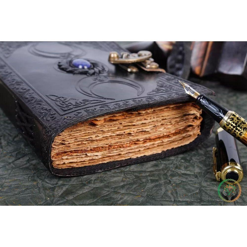 Vintage Leather Journal Semi Precious Witch Stone Black Triple Moon Design-Lock