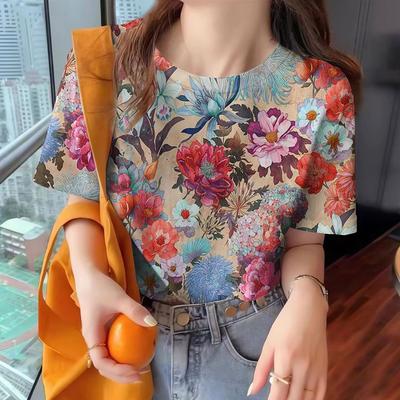 Женская футболка, летняя, с круглым вырезом, модная, повседневная, с коротким рукавом, с винтажным цветочным принтом, свободная, удобная, с коротким рукавом