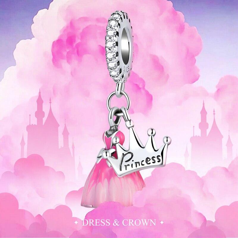 WOSTU Стерлингового Серебра 925 Розовое Платье Корона Принцесса Шарм Подвеска Из Бисера Подходит Оригинальный Браслет Ожерелье Для Женщин Ювелирные Изделия