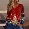 Женская футболка с рождественским принтом на пуговицах с длинным рукавом, повседневная, выходного дня, модная, базовая, с V-образным вырезом, обычная