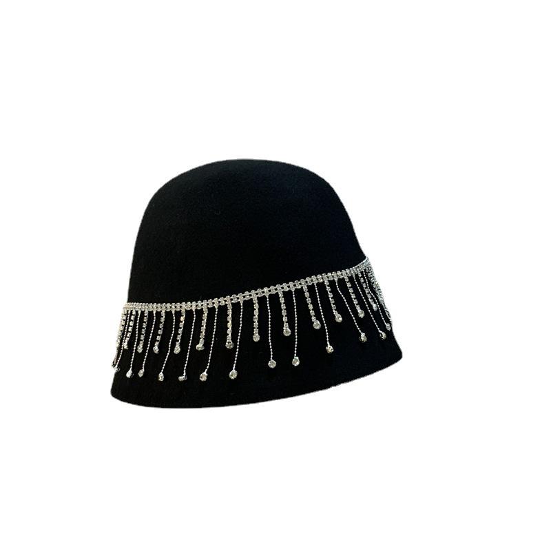 Women's Fashionable Bucket Cap with Diamond Chain Basin Cap Autumn Wool Warm Fisherman Cap