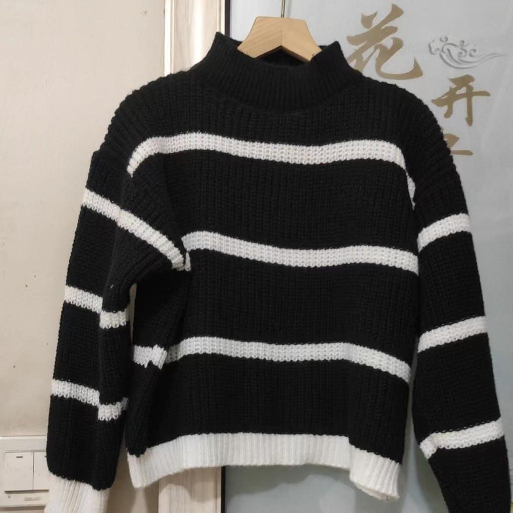 Осенне-зимний повседневный полосатый толстый вязаный свитер с полувысоким воротом для женщин