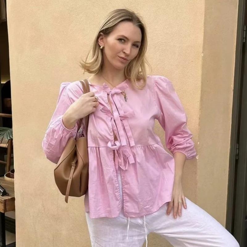 Летняя уличная модная женская блузка, повседневная рубашка с длинным рукавом и галстуком-бабочкой на шнуровке, топы, женские офисные элегантные сексуальные рубашки с круглым вырезом 24427