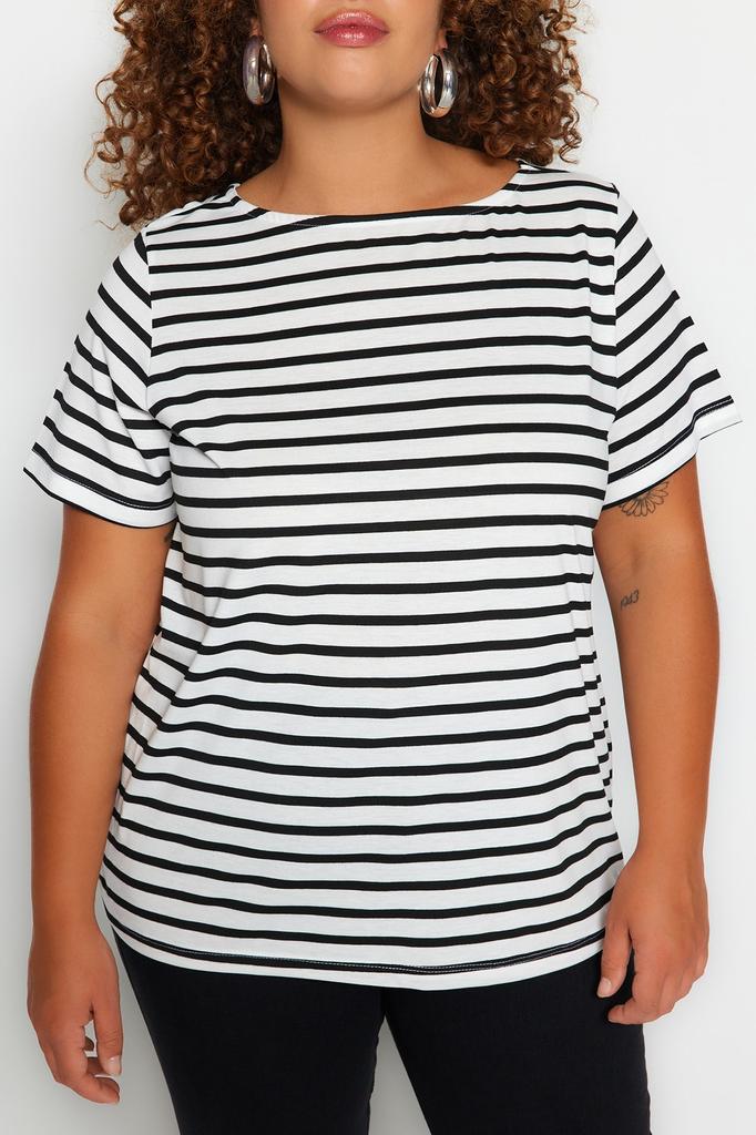 Women's Style Plus Size Black-White Striped Boat Neck Knitted T-shirt