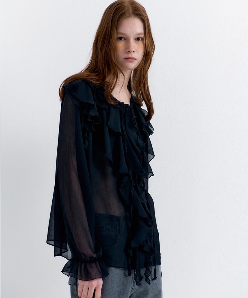 RAVEROUS See-Through Frill Blouse Black