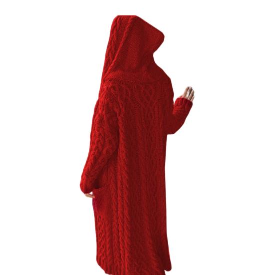 Женская кофта-свитер с карманами средней длины с капюшоном трикотажная скрученная текстура однотонная