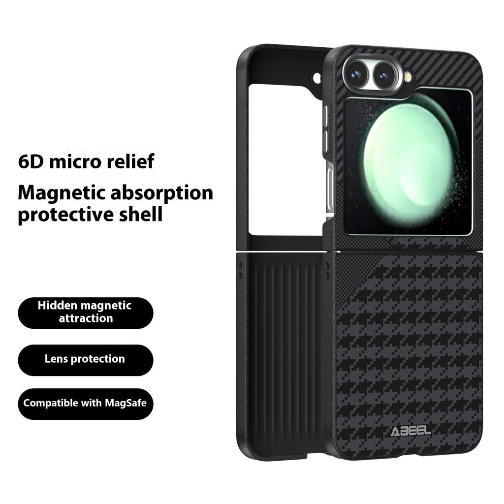ABEEL For Samsung Galaxy Z Flip6 5G Case Compatible with MagSafe Micro-Embossing PC TPU Aluminum Alloy Leather Phone Cover