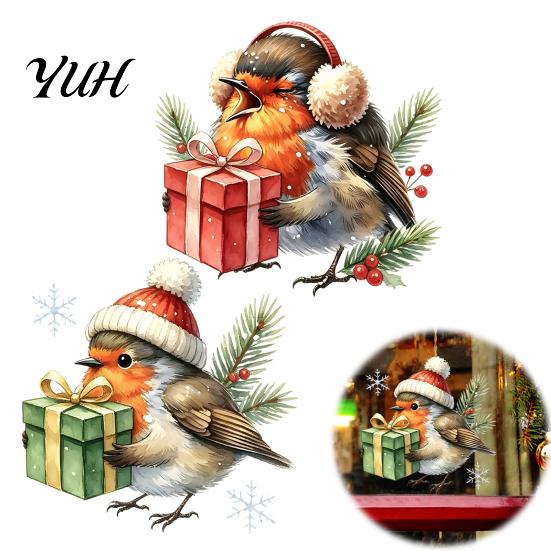 Decorative Window Stickers for Home Christmas Bird Static Clings, PVC Waterproof Decals with Santa Hat And Creative Gifts Lovers Gift Box, Removable