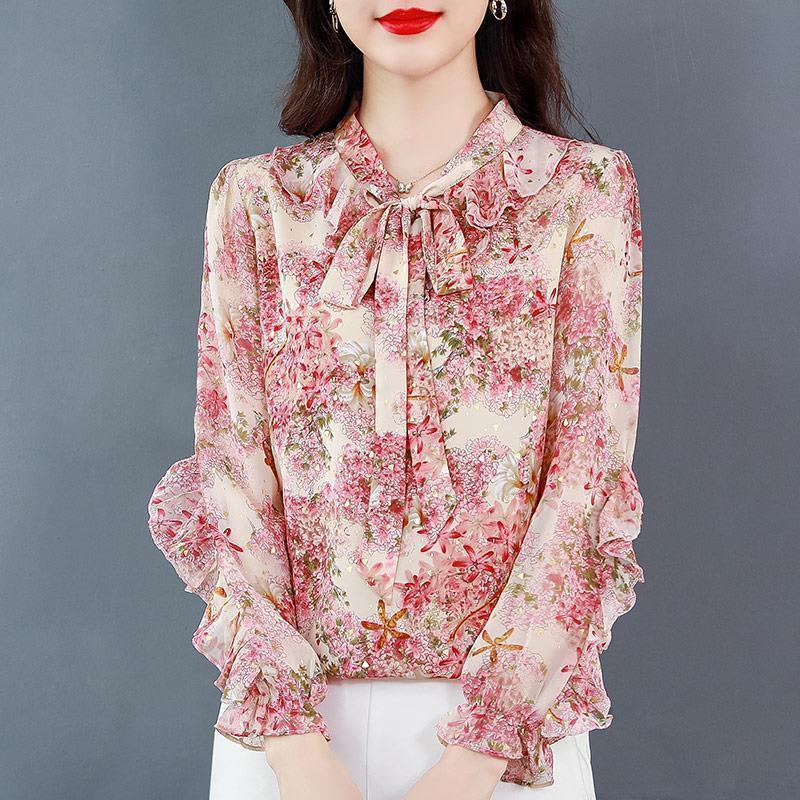 Шифоновая рубашка с цветочным принтом, женская весна/лето, новая корейская блузка с воротником-шарфом и бантом, модная свободная блузка с длинными рукавами