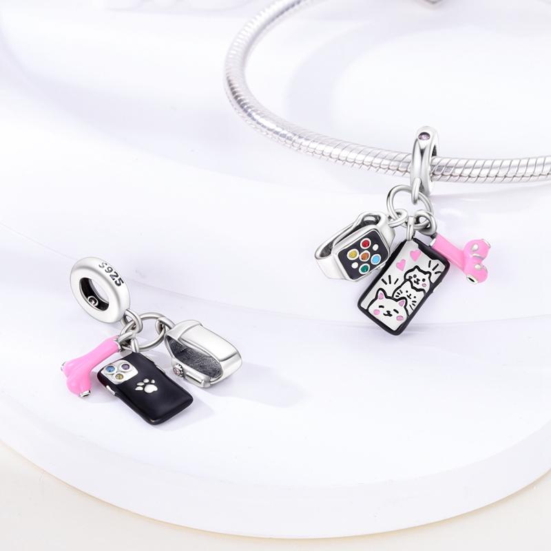 925 Silver Color Zirconium Heart Shape Charms Beads Feather Perfume Bottle Music Dangle Fit Bracelet Necklace Jewelry