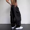 Men Casual Cargo Pants Hip Hop Baggy Trousers with Pockets Low-Rise Elastic Waist Drawstring Loose Pants for Spring Autumn Street Travel