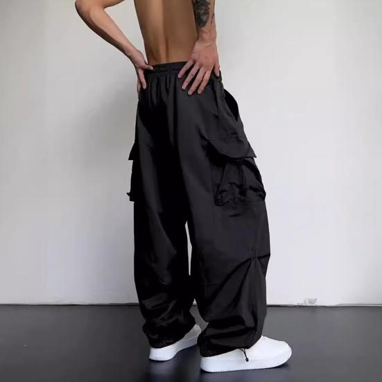 Men Casual Cargo Pants Hip Hop Baggy Trousers with Pockets Low-Rise Elastic Waist Drawstring Loose Pants for Spring Autumn Street Travel