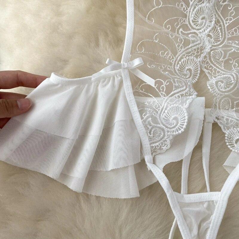 Porno Sheer Lace Nightwear Playsuits Women Sheath Hollow Out Lingerie Ruffles Jumpsuits Female Short Transparent Sexy Bodysuits 2024